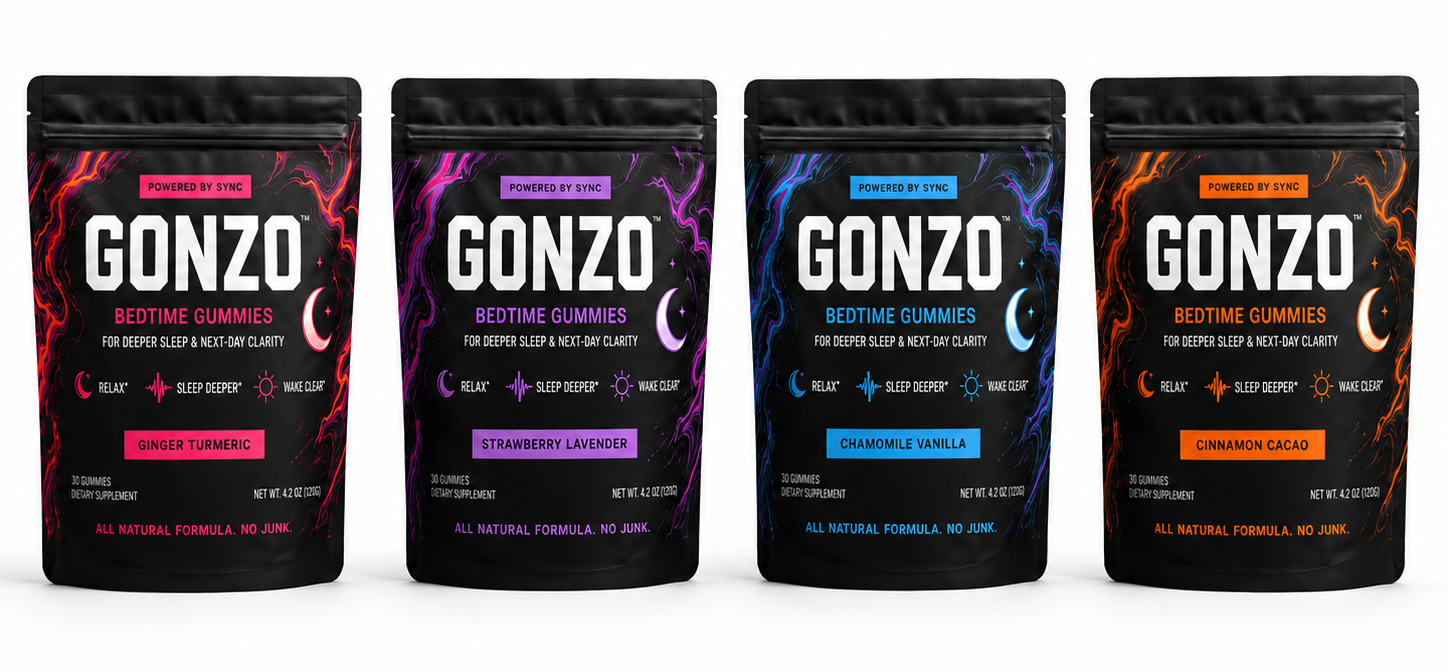 GONZO Bedtime Gummies — four flavor pouches