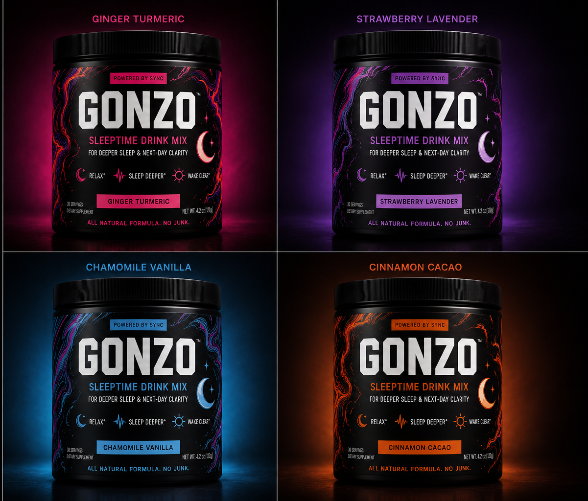 Four GONZO drink mix jars in neon-lit packaging