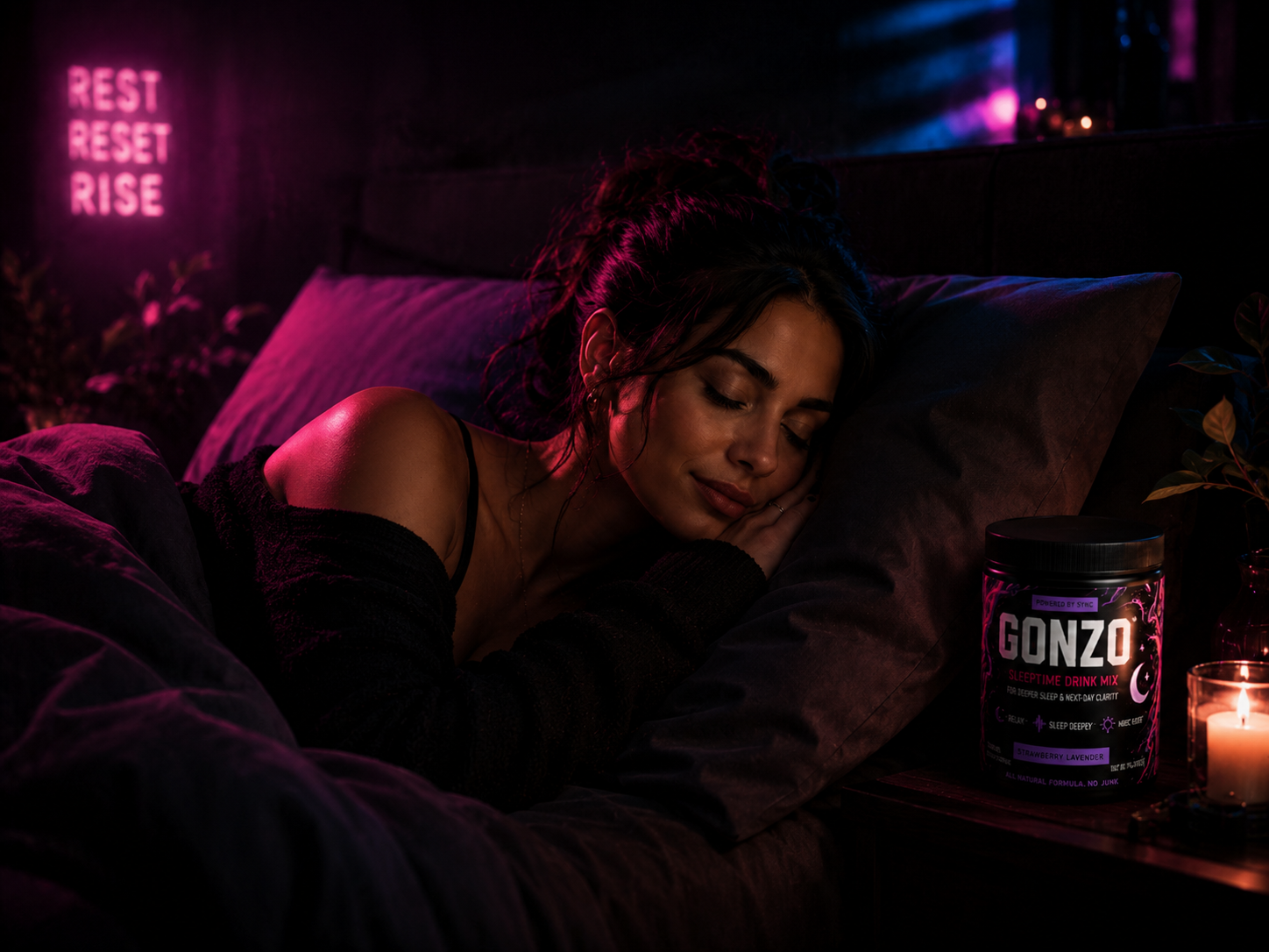 GONZO bedside ritual — a woman sleeping with a Strawberry Lavender jar nearby